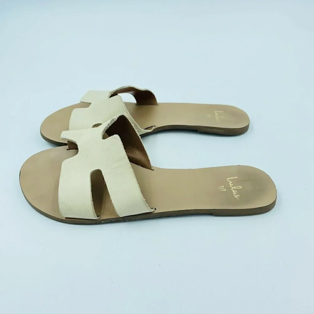 Lulus Saxon Ivory Cream Vegan Leather Slide Sandals Size 6.5